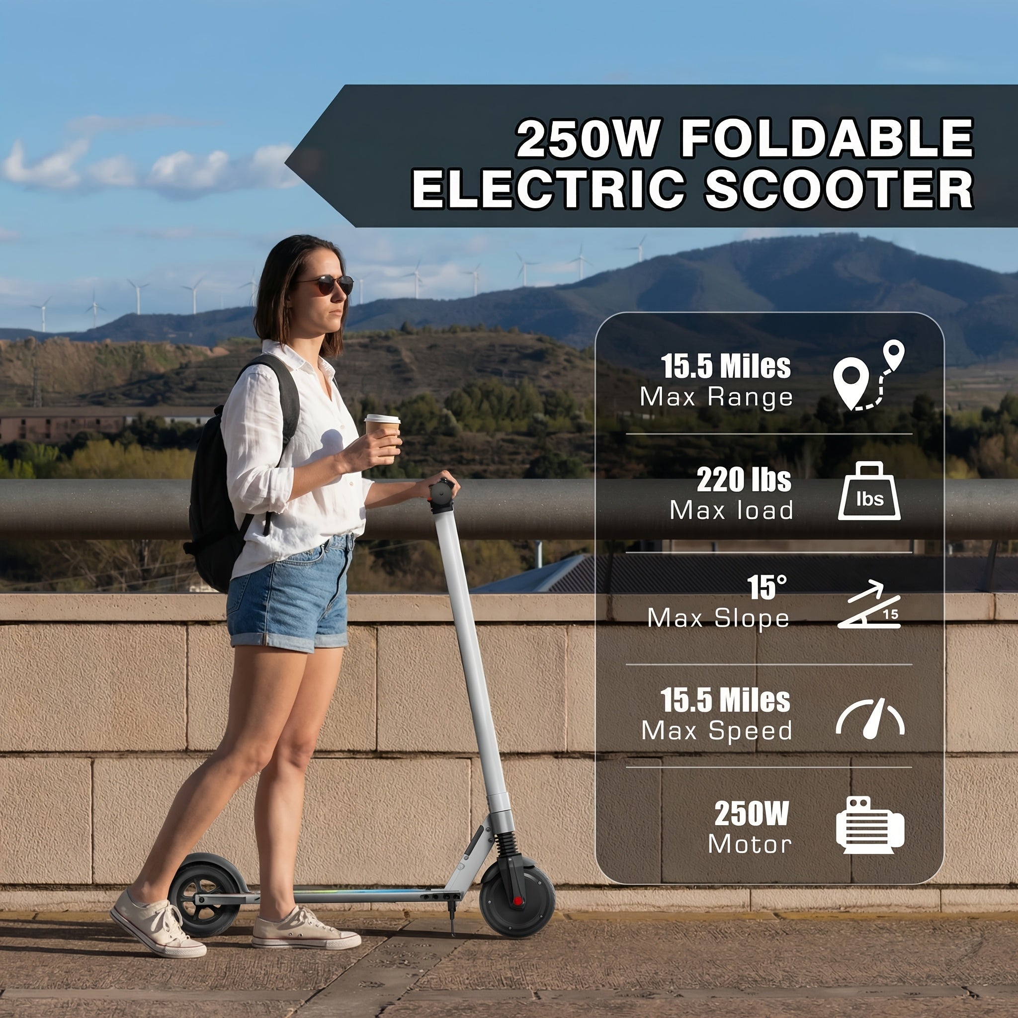 250W Electric Scooter for Adults And Teens, 15.5MPH Top Speed & 15.5 Miles Max Range, 6.5-Inch Solid Tire And Non-Slip Pedal, LCD Smart Display, Lightweight Foldable E-Scooter with Smart Braking System