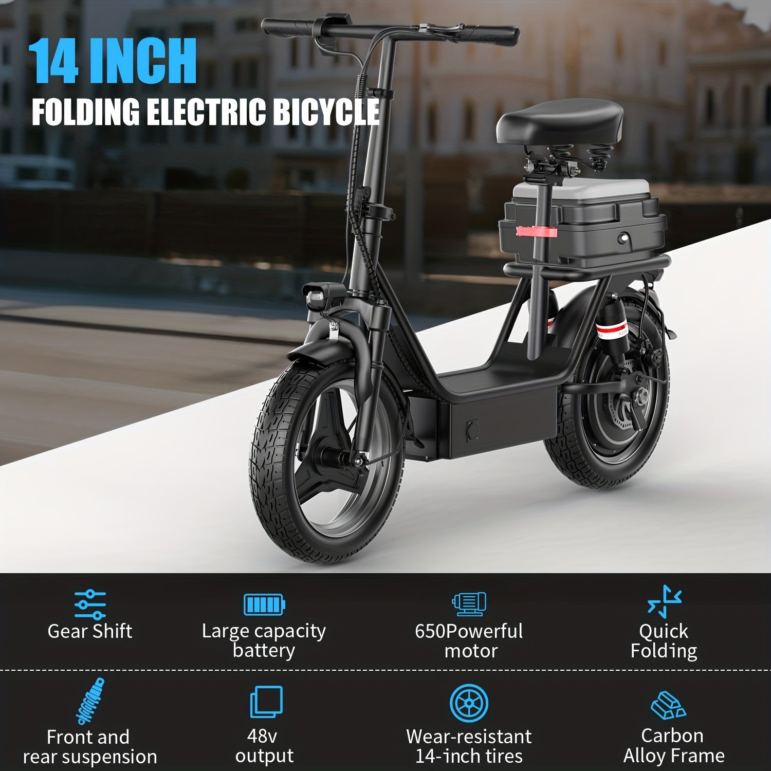 650W Folding Electric Scooter for Commuting, Features A 14-Inch Tire, Detachable Rear Trunk, And Multiple Shock Absorbers. Equipped with 48V 10AH\u002F13AH\u002F15AH\u002F17.5AH Battery Options for 20-35 Mile Range. Includes The New Thumb-Controlled