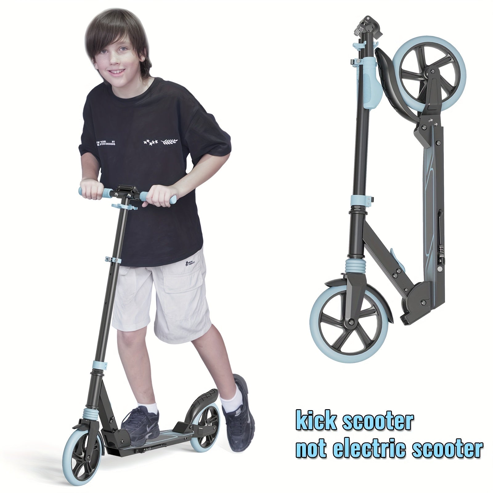 Big Wheels Kick Scooter Blue for Kids 6+, Teens & Adults, Without Battery| Shock Absorption | Foldable & Adjustable Scooter Height, Suitable for All Terrains, Including Uneven Roads, Creative Gift