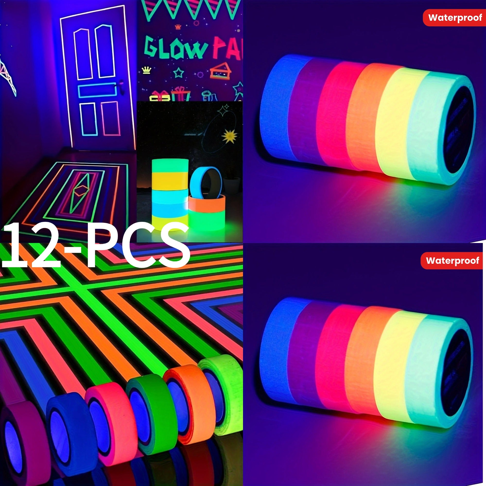 12pcs Neon Glow Tape in 6 Colors - Waterproof, UV Reactive Fluorescent Stickers for Stage Decor, Stairs, and Crafts - Reflective Safety Warning Tape, Ideal for Halloween & Parties DIY Tape