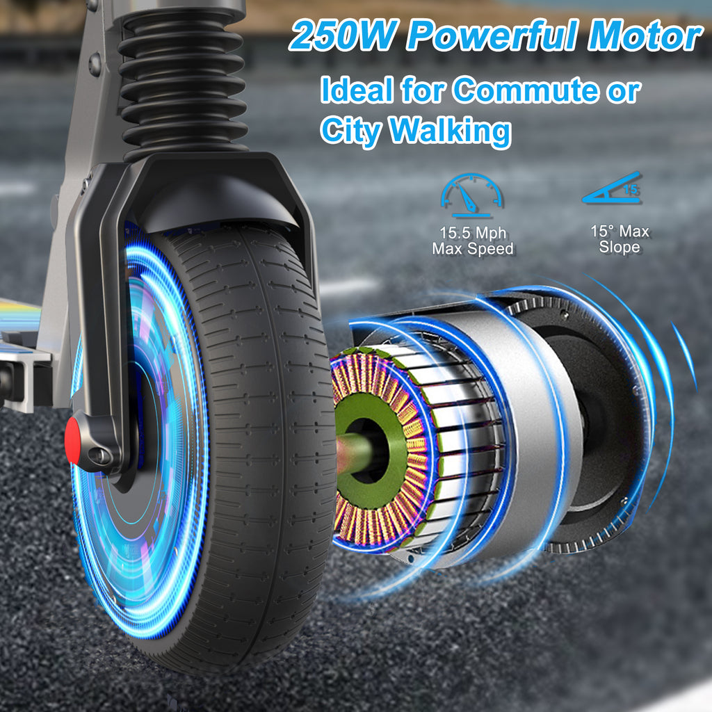 250W Electric Scooter for Adults And Teens, 15.5MPH Top Speed & 15.5 Miles Max Range, 6.5-Inch Solid Tire And Non-Slip Pedal, LCD Smart Display, Lightweight Foldable E-Scooter with Smart Braking System