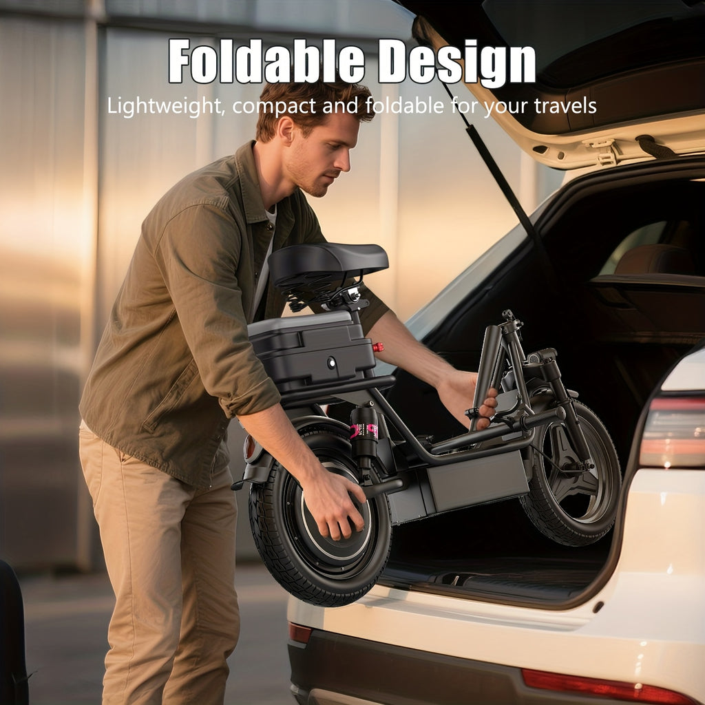 650W Folding Electric Scooter for Commuting, Features A 14-Inch Tire, Detachable Rear Trunk, And Multiple Shock Absorbers. Equipped with 48V 10AH\u002F13AH\u002F15AH\u002F17.5AH Battery Options for 20-35 Mile Range. Includes The New Thumb-Controlled