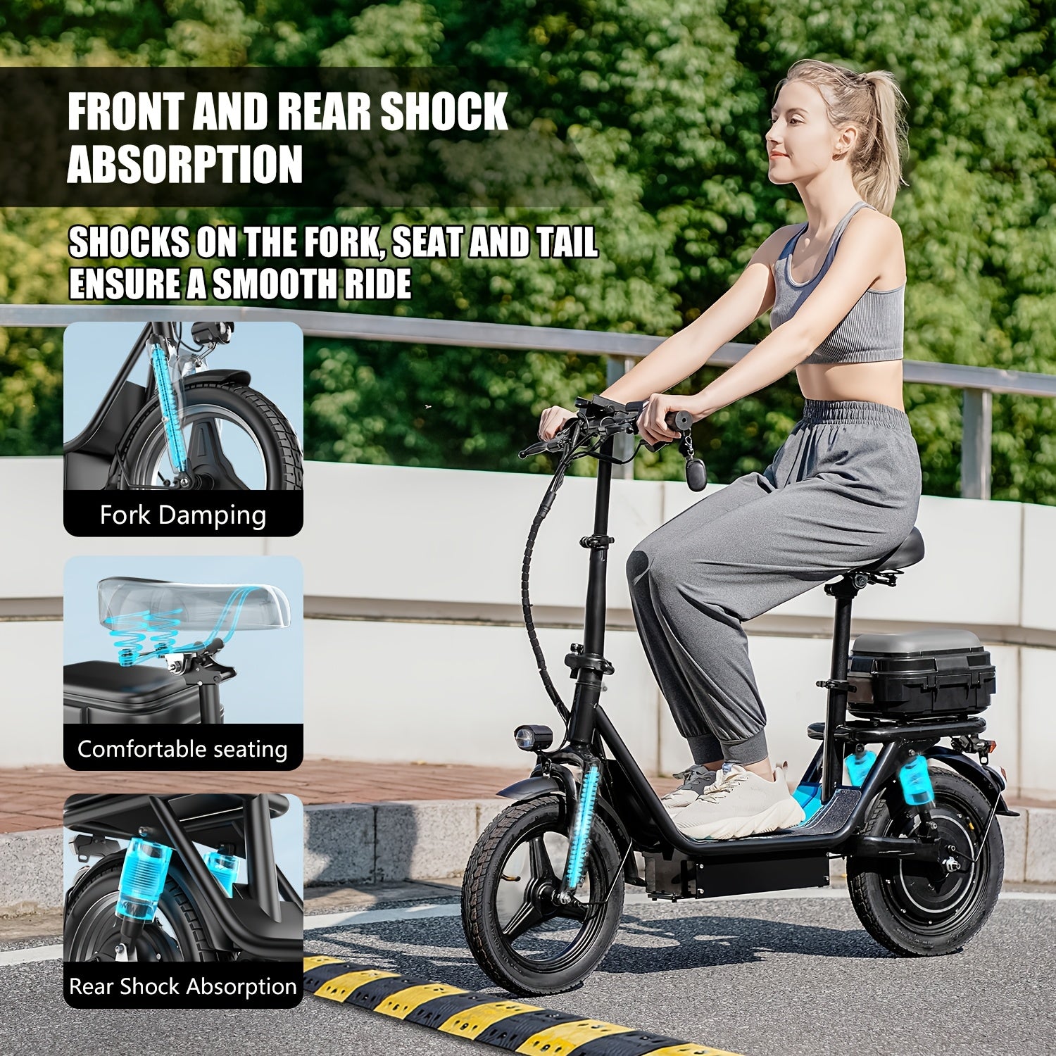 650W Folding Electric Scooter for Commuting, Features A 14-Inch Tire, Detachable Rear Trunk, And Multiple Shock Absorbers. Equipped with 48V 10AH\u002F13AH\u002F15AH\u002F17.5AH Battery Options for 20-35 Mile Range. Includes The New Thumb-Controlled