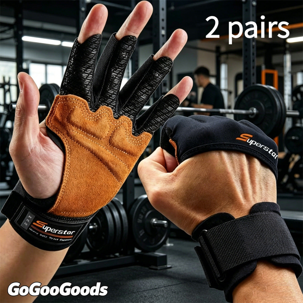 2 Pairs Anti-Slip Breathable Half Finger Gym Gloves, Leather with Silicone Padding, Men& Women Outdoor Gear for Hiking, Running, Weightlifting& Heavy Duty Training