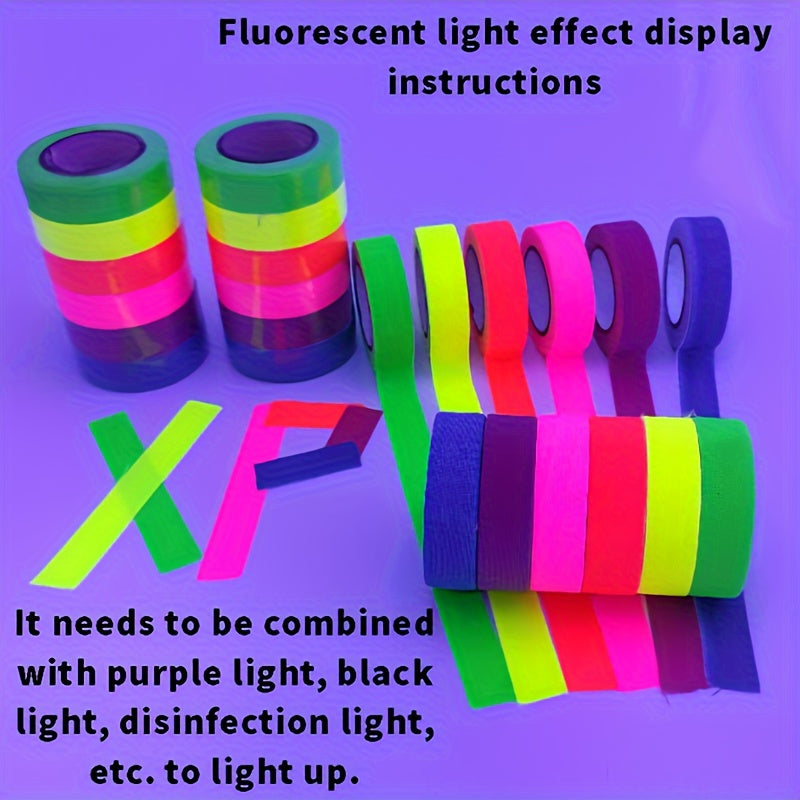 12pcs Neon Glow Tape in 6 Colors - Waterproof, UV Reactive Fluorescent Stickers for Stage Decor, Stairs, and Crafts - Reflective Safety Warning Tape, Ideal for Halloween & Parties DIY Tape